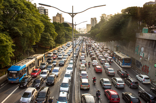 Sao Paulo, Brazil - November 19, 2014. Traffic jam at rush hour in May 23 Avenue of downtown Sao Paulo. This avenue connects the northern and southern areas of the city.