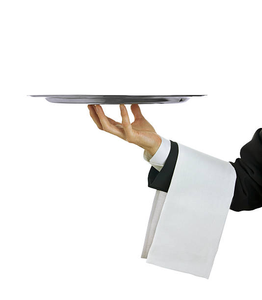 istock Waiter with tray with copy space and white background 528343279