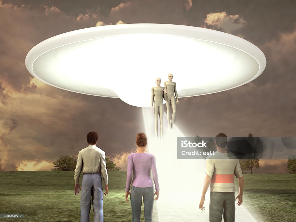 People witnessing the arrival of aliens UFO Stock Photo
