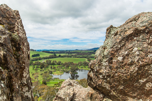 Scenic view from Hanging Rock, a mamelon volcanic rock formation north of Melbourne, Australia, near Mount Macedon.