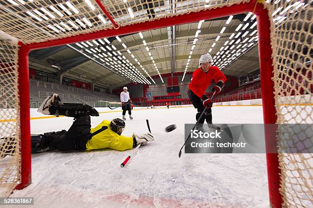 Ice Hockey Players Scoring The Goal Stock Photo - Download Image Now - Ice Hockey, Aspirations, Defending - Sport