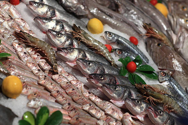 istock View raw fishes on the ice 528362499