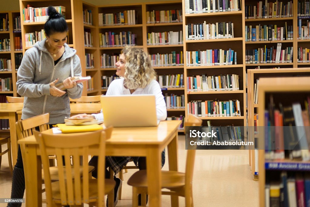 Bibliotecario y turcos estudiante con computadora portátil en University Library, Istanbul - Foto de stock de Bibliotecario libre de derechos