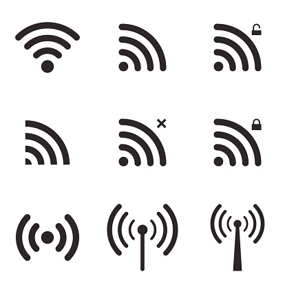 Set Of Wi-Fi And Wireless Icons. WiFi Zone Sign. Remote Access And Radio Waves Communication Symbols. Vector.