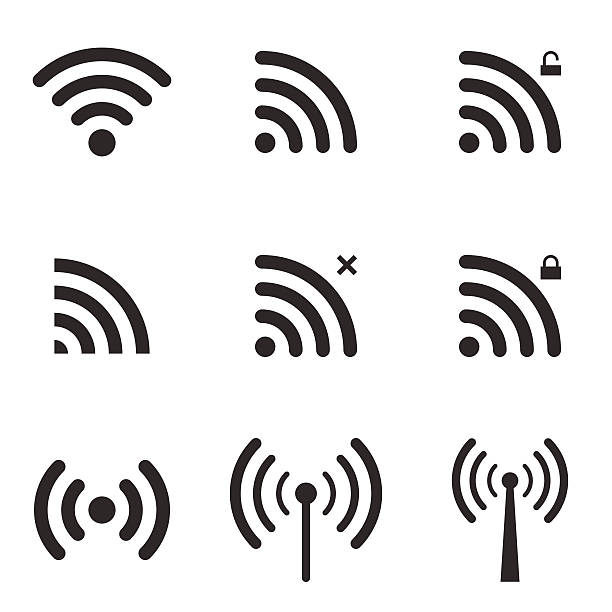 Set Of Wi-Fi And Wireless Icons. WiFi Zone Sign. Set Of Wi-Fi And Wireless Icons. WiFi Zone Sign. Remote Access And Radio Waves Communication Symbols. Vector. wireless technology stock illustrations