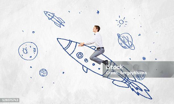 Man On Rocket Stock Photo - Download Image Now - Achievement, Adult, Business