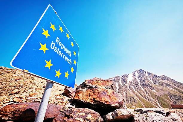 Republic of Austria border at the european alps (timmelsjoch) and the sign for the republic austria european union symbol stock pictures, royalty-free photos & images