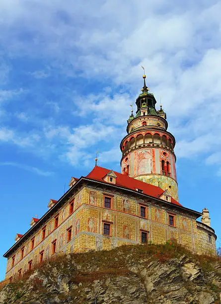 The tower of Cesky Krumlov over the beautiful blue sky