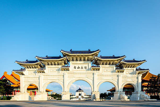 Chinese Archways Liberty Square in Taipei, Taiwan The chinese archways are located on Liberty Square or Freedom Square (自由廣場 as written on the arches). Famous Chiang Kai-Shek Memorial Hall (Taiwan Democracy Memorial Hall) viewable in the middle of the arches. Liberty Square, Taipei, Taiwan. chiang kai shek photos stock pictures, royalty-free photos & images
