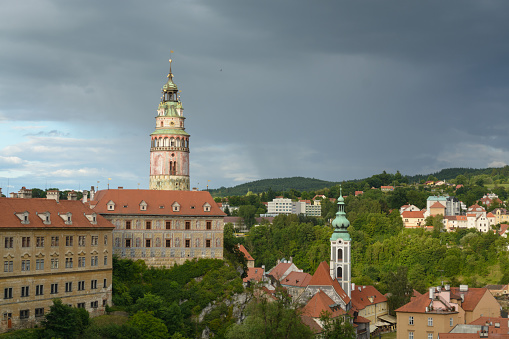 A view of Cesky Krumlov historical center featuring the castle tower.
