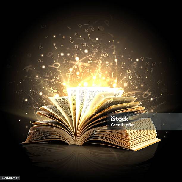 Magic Book With Magic Lights And Letters Stock Photo - Download Image Now - Book, Open, Opening