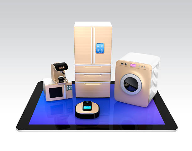 istock Concept of smart kitchen appliances control by tablet PC 528389429