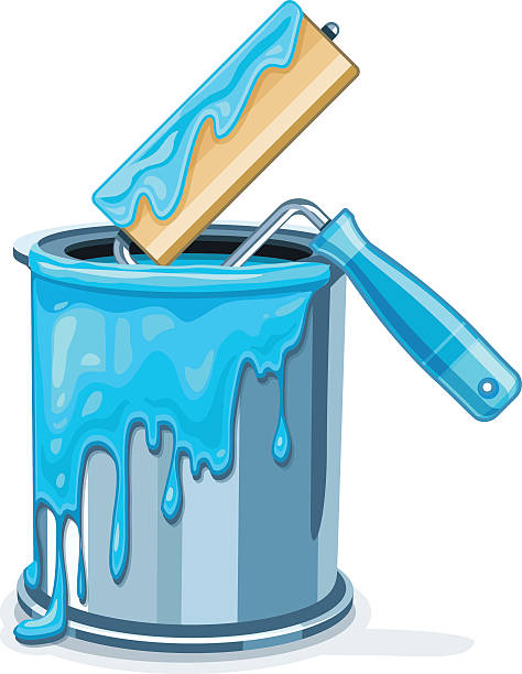 illustrazioni stock, clip art, cartoni animati e icone di tendenza di secchio di vernice blu con rullo per pittura e manutenzione - paintbrush paint paint can drop