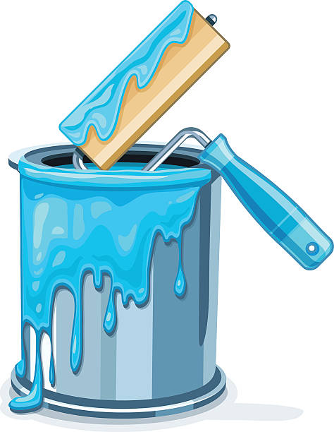 istock Can bucket with blue paint and roller for painting maintenance 528393785