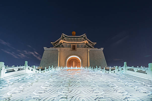 National Chiang Kai-Shek Memorial Hall at Night. The Chiang Kai Shek Memorial Hall is located on the Liberty Square (Freedom square). This monument was built in memory of Chiang Kai-shek, former President of the Republic of China (Taiwan). Taipei, Taiwan. Ultra Wide Angle Architecture Shot.