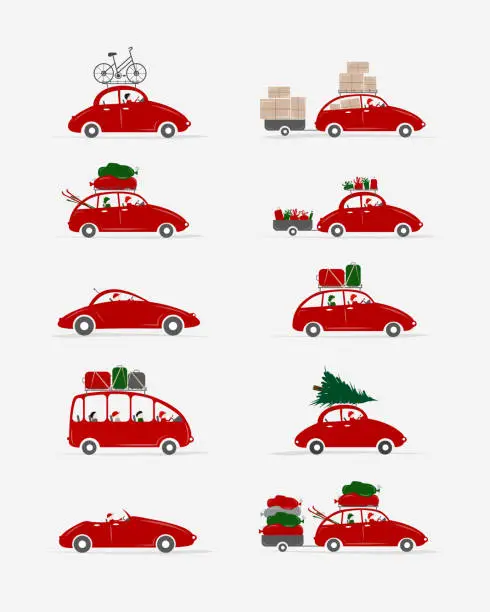 Vector illustration of Set of different red cars with luggage for your design