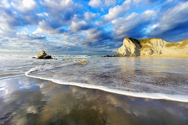 Sopelana beach with wave foam and reflections. Basque Country