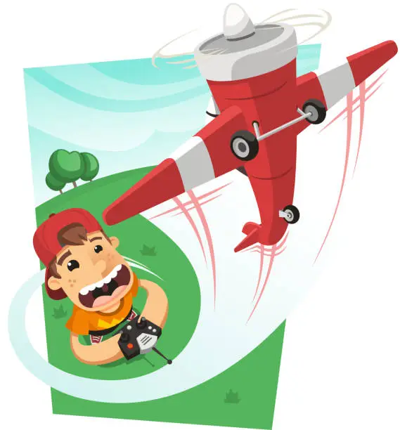 Vector illustration of Boy playing with a remote control airplane in the park.