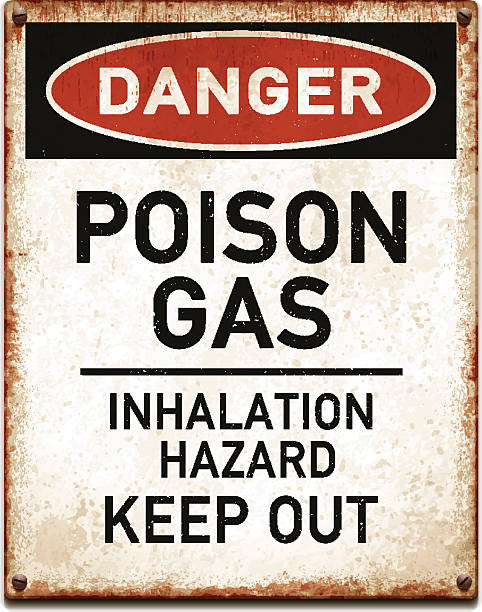 Weathered metallic placard with danger poison gas warning_vector Vintage metal danger sign with poison gas warning. Grunge square placard with rusty stains, four screws and red and black banner reading DANGER. Photorealistic vector illustration isolated on white. Layered EPS10 file with transparencies and global colors. Individual elements and textures. Related images linked below. corroded metal stock illustrations