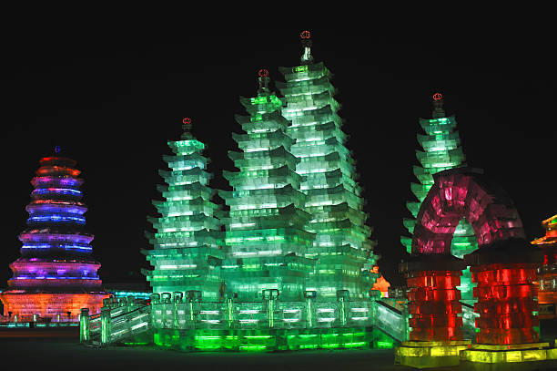 Illuminated pagodas at night, Harbin Ice Festival