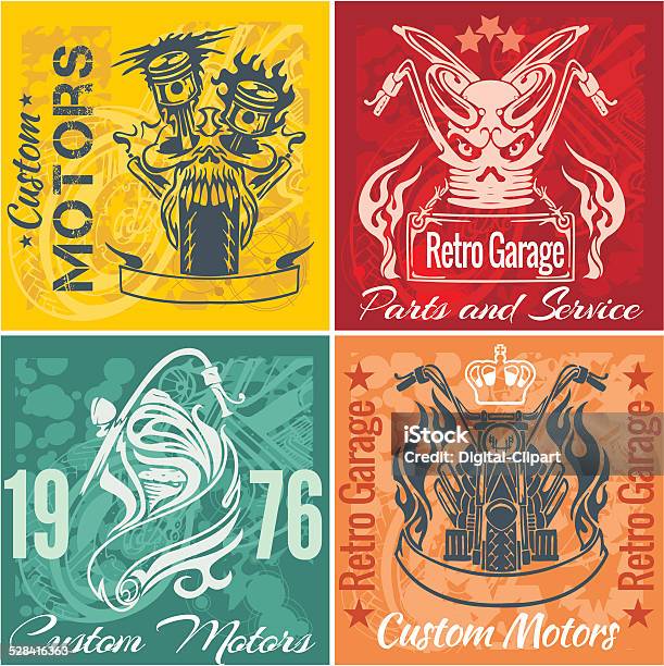 Set Of Vintage Motorcycle Labels Vector Stpck Illustration Stock Illustration - Download Image Now