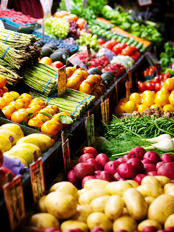 Vegetable stand at the Pike Place Market in Seattle. 