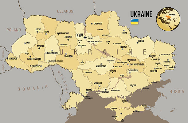 Map of Ukraine Political Vector Map of Ukraine, national flag and globe with placement of Ukraine on it. kyiv stock illustrations