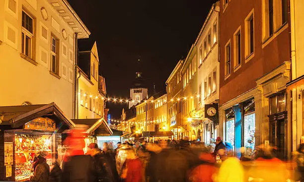 Busy street in the famous Christmas Market of the mining town of Schwarzenberg (Erzgebirge / Ore Mountains)