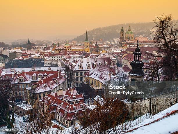 Prague Lesser Town In Winter Time Stock Photo - Download Image Now - Aerial View, Architectural Dome, Architecture