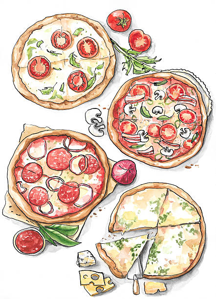 컬레션 다른 피자 - pizza illustration and painting italian cuisine salami stock illustrations
