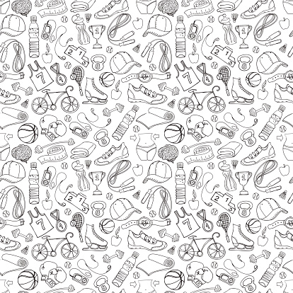 Vector illustration Black and white Sport and fitness seamless doodle pattern
