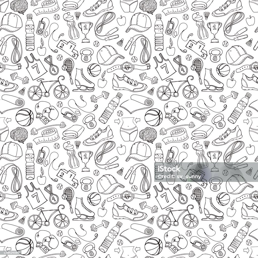Black and white Sport and fitness seamless doodle pattern Vector illustration Black and white Sport and fitness seamless doodle pattern Sport stock vector
