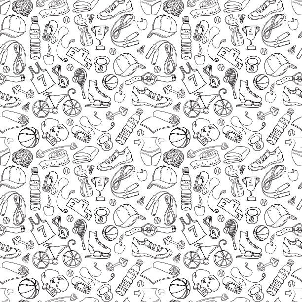 Black and white Sport and fitness seamless doodle pattern Vector illustration Black and white Sport and fitness seamless doodle pattern boxing sport illustrations stock illustrations
