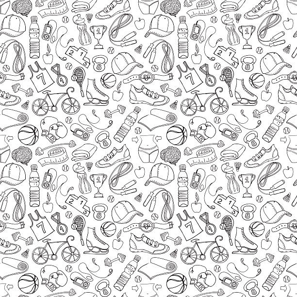 Black and white Sport and fitness seamless doodle pattern Vector illustration Black and white Sport and fitness seamless doodle pattern designer beat stock illustrations