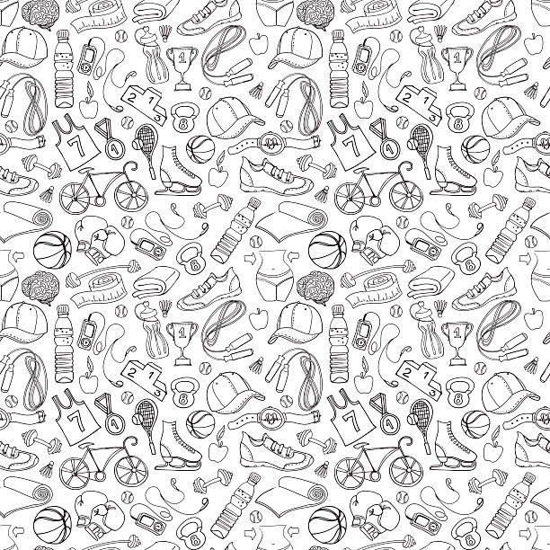 Black and white Sport and fitness seamless doodle pattern Vector illustration Black and white Sport and fitness seamless doodle pattern bicycle designs stock illustrations