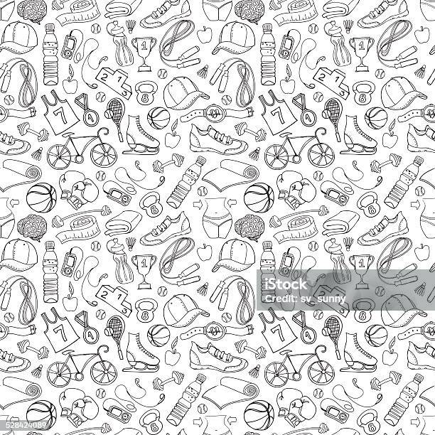 Black And White Sport And Fitness Seamless Doodle Pattern Stock Illustration - Download Image Now