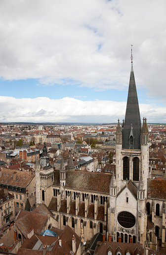 Bell tower of the Notre Dame of Dijon church and aerial view of the city from the the tour de Philippe le Bon. Dijon, France