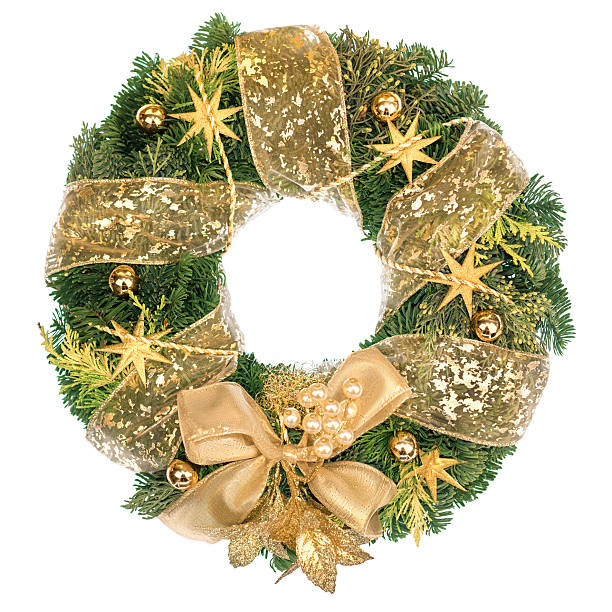 istock Christmas wreath with golden decorations on white background 528425757