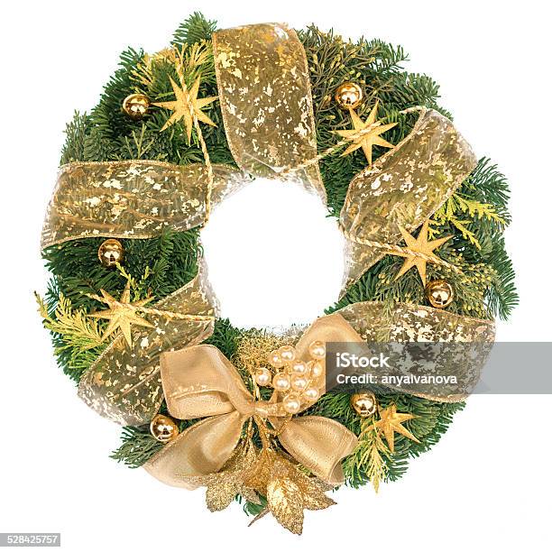Christmas Wreath With Golden Decorations On White Background Stock Photo - Download Image Now