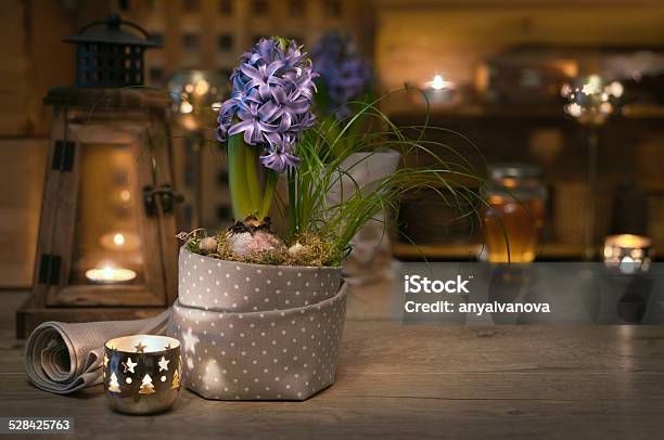 Delicate Purple Hyacinth On Vintage Kitchen Stock Photo - Download Image Now - Candle, Home Interior, Lantern