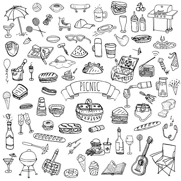 ilustraciones, imágenes clip art, dibujos animados e iconos de stock de conjunto de iconos de día de campo - ilustraciones de picnic