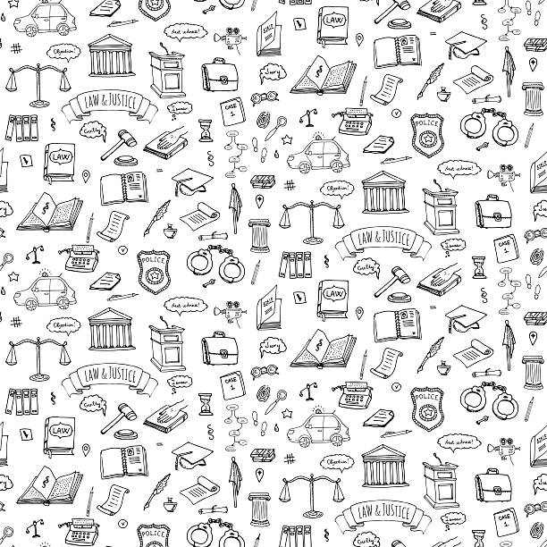 Law and Justice Seamless background hand drawn doodle Law and Justice icons set Vector illustration law sketchy symbols collection Cartoon law concept elements suitable for info graphics, websites and print media law designs stock illustrations