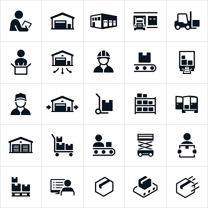 Icons related to, and representing warehouses and the distribution process. The icons include warehouses, employees, workers, trucks, shipping, forklift, packaging, packing, boxes and the loading process among others.