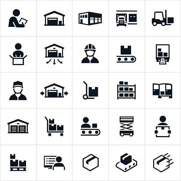 Distribution Warehouse Icons Icons related to, and representing warehouses and the distribution process. The icons include warehouses, employees, workers, trucks, shipping, forklift, packaging, packing, boxes and the loading process among others. storage compartment stock illustrations