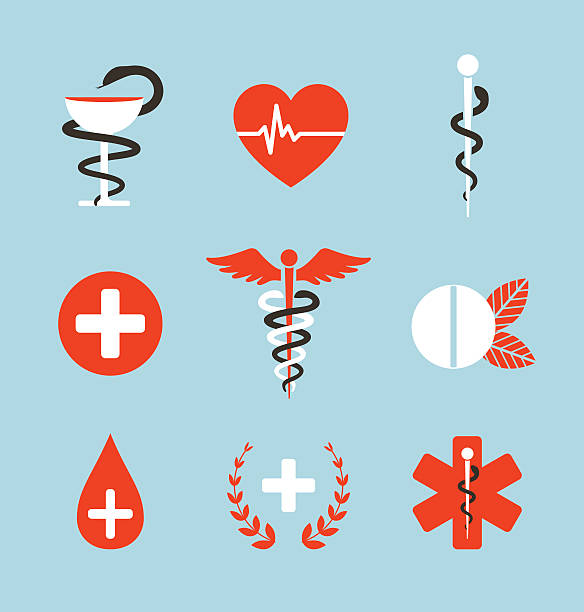 Medical Symbols Emblems and Signs Collection Set of graphic medicine icons. Caduceus, emergency, bowl with snake. Vector illustration. caduceus stock illustrations