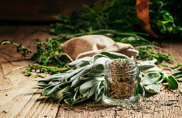 istock Dried sage in a glass jar, fresh sage 528430208
