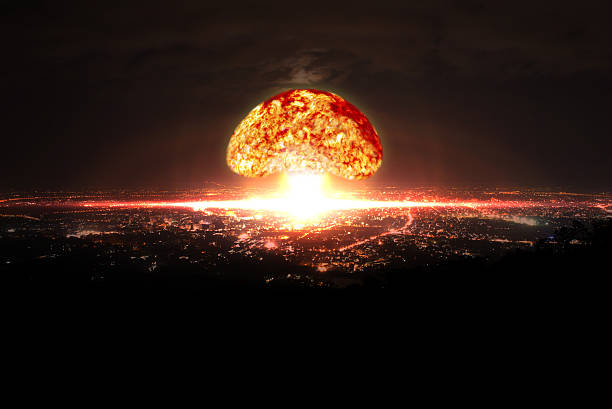 nuclear bomb explosion in the city stock photo