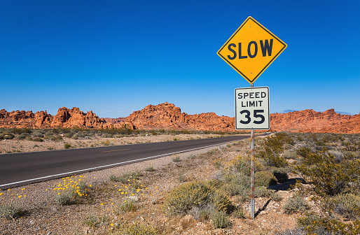 Traffic Sing Slow, Valley of Fire State Park, Nevada, USA