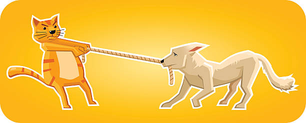 kot i pies pociągając sznurowy - single line multi colored bright yellow stock illustrations
