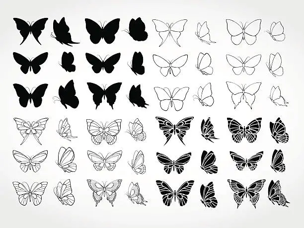 Vector illustration of Vector set of black silhouettes butterflies.